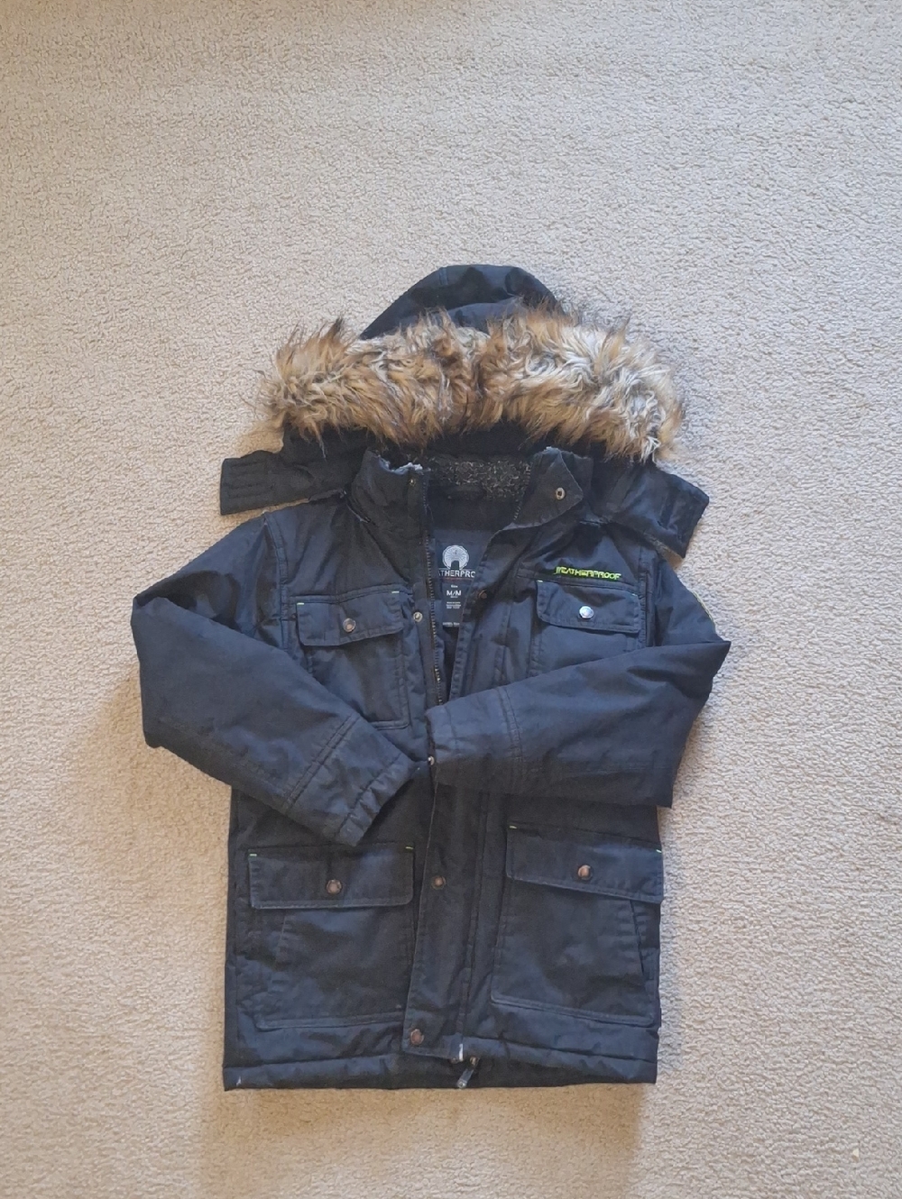 Weatherproof Kids Black Parka with Faux Fur Hood Trim